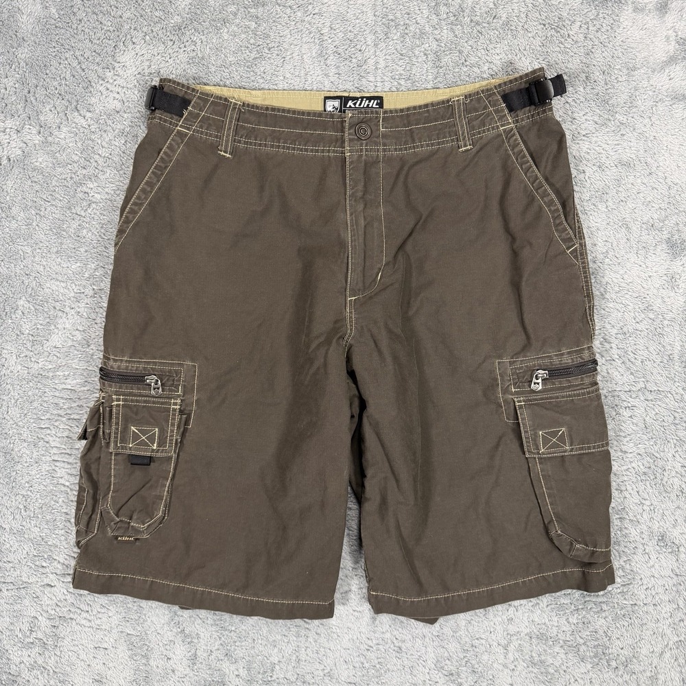 Kuhl Cargo Shorts Mens L x 12" Brown Hiking Utility Belted Baggy Outdoor Work